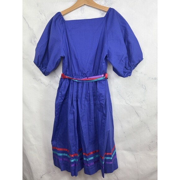 Vintage 70s Prairie Dress Kids Girls Sz 10 cottagecore Folk Blue Novelty Ribbon - Picture 12 of 16